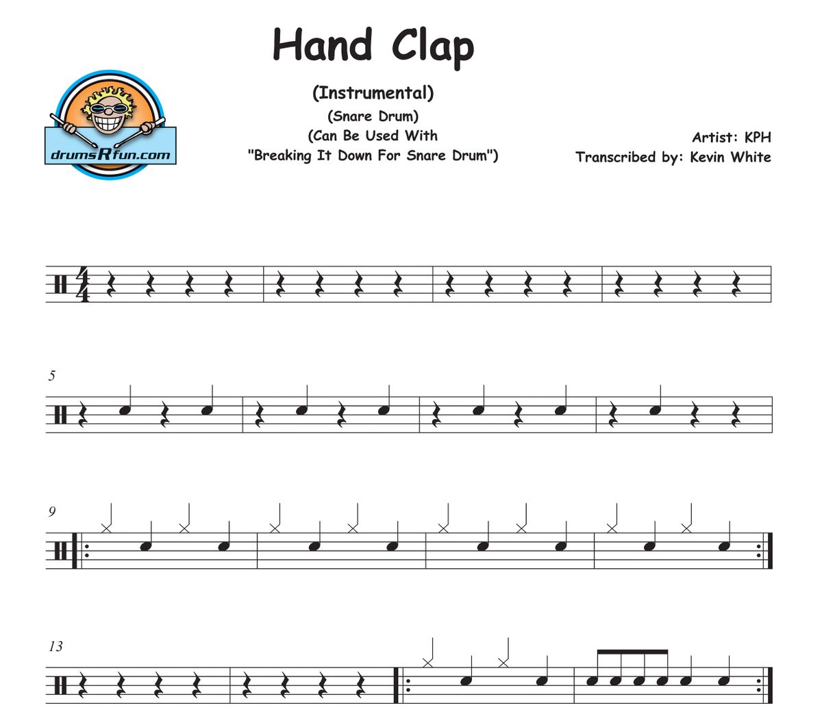 KPH, Hand Clap (Instrumental) Drum Transcription Snare Drum Level 1